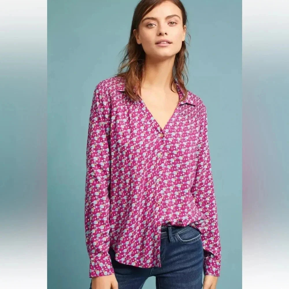 Anthropologie Maeve Emory purple geometric button down blouse sz 2